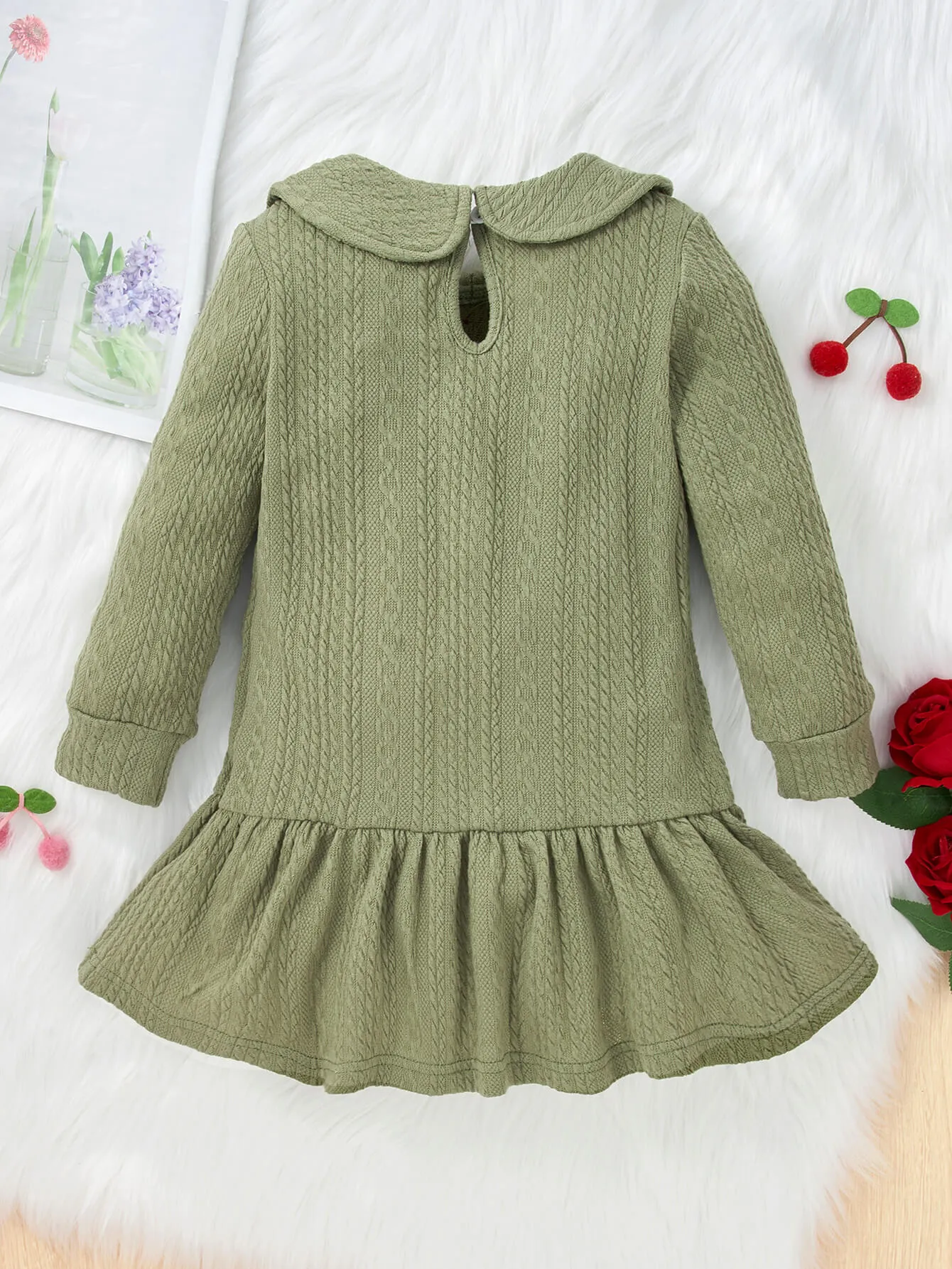 Girls Cable-Knit Peter Pan Collar Ruffle Hem Dress