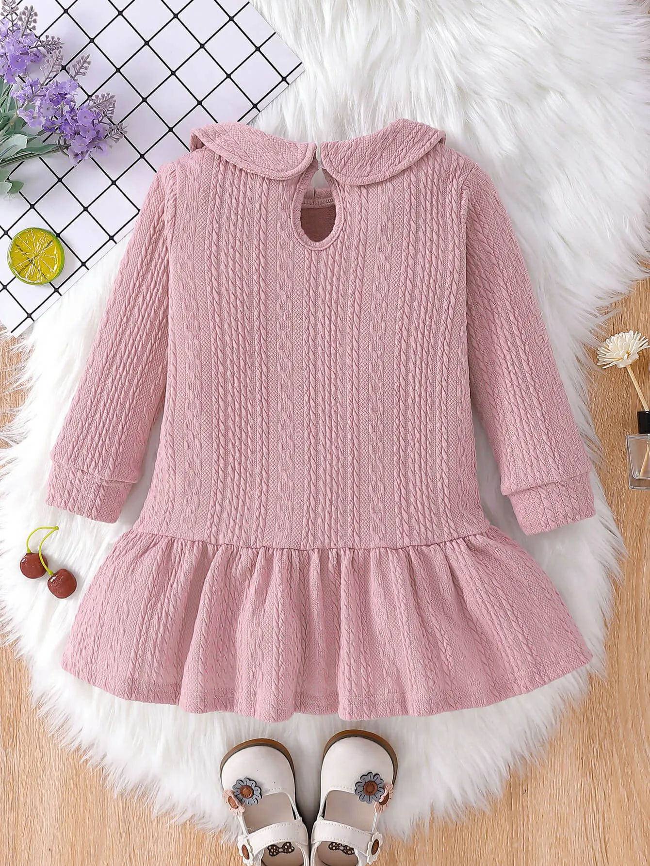 Girls Cable-Knit Peter Pan Collar Ruffle Hem Dress