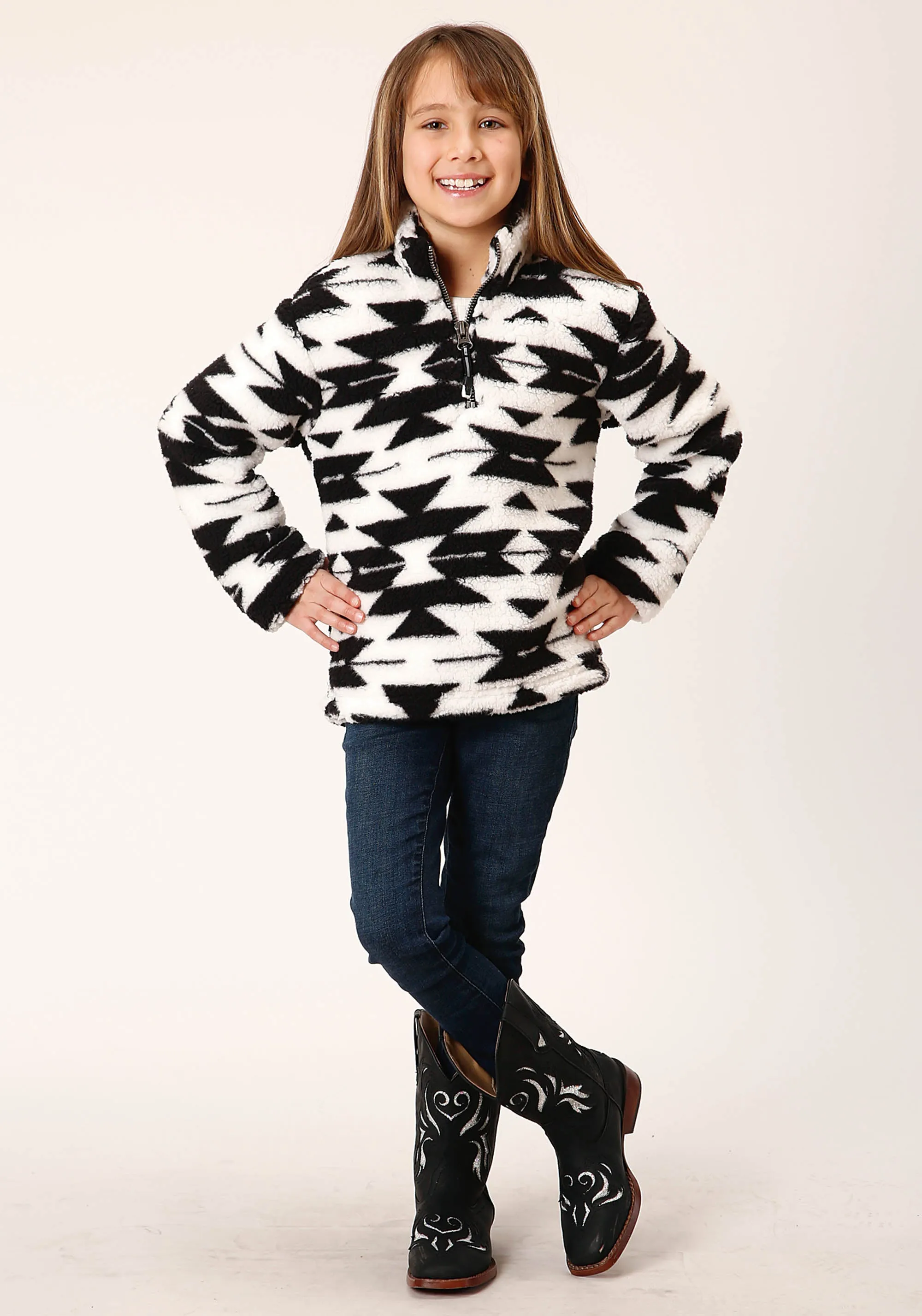 GIRLS WOMENS  BLACK WHITE AZTEC POLAR FLEECE PULLOVER