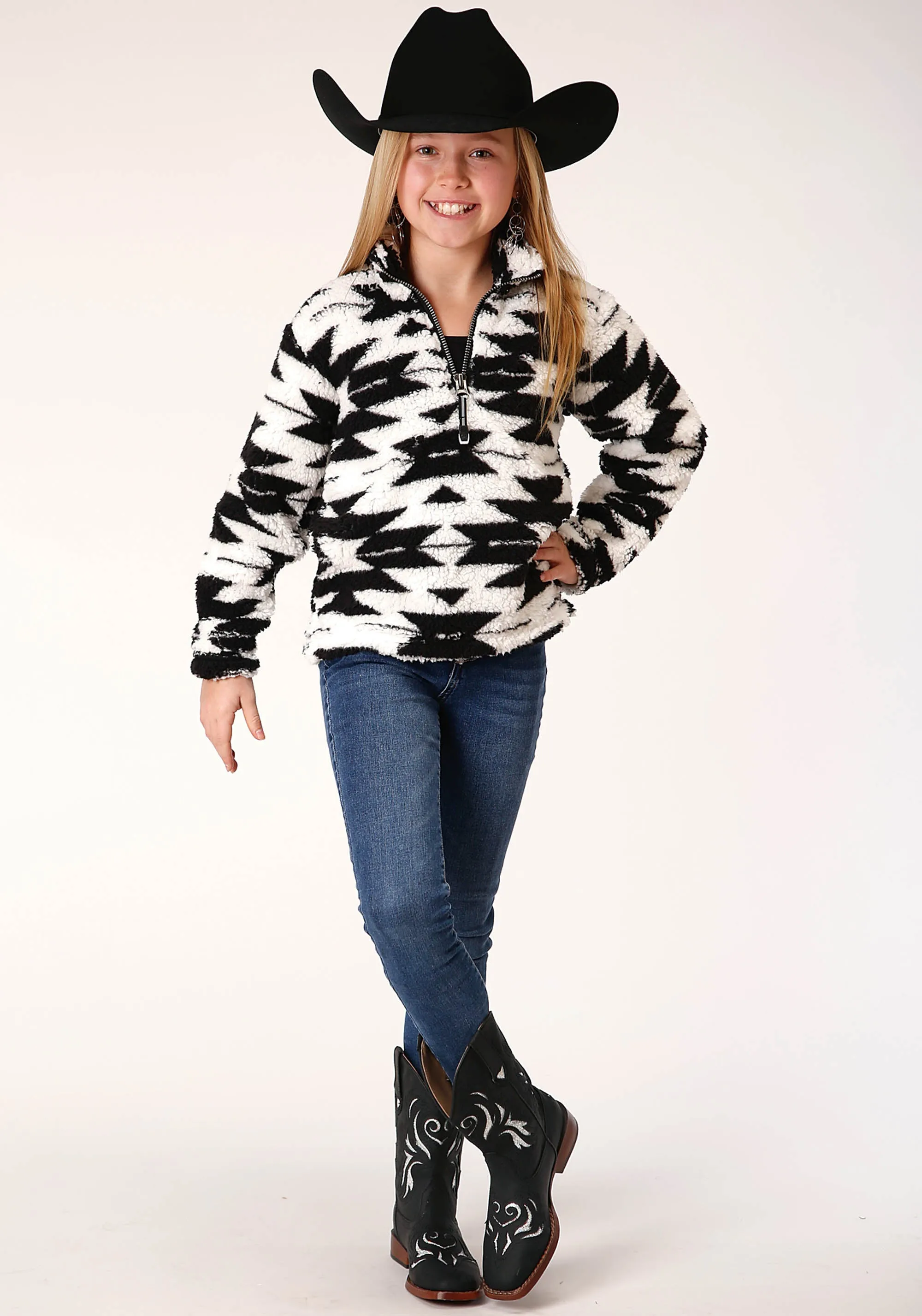 GIRLS WOMENS  POLAR FLEECE  BLACK WHITE AZTEC POLAR FLEECE PULLOVER