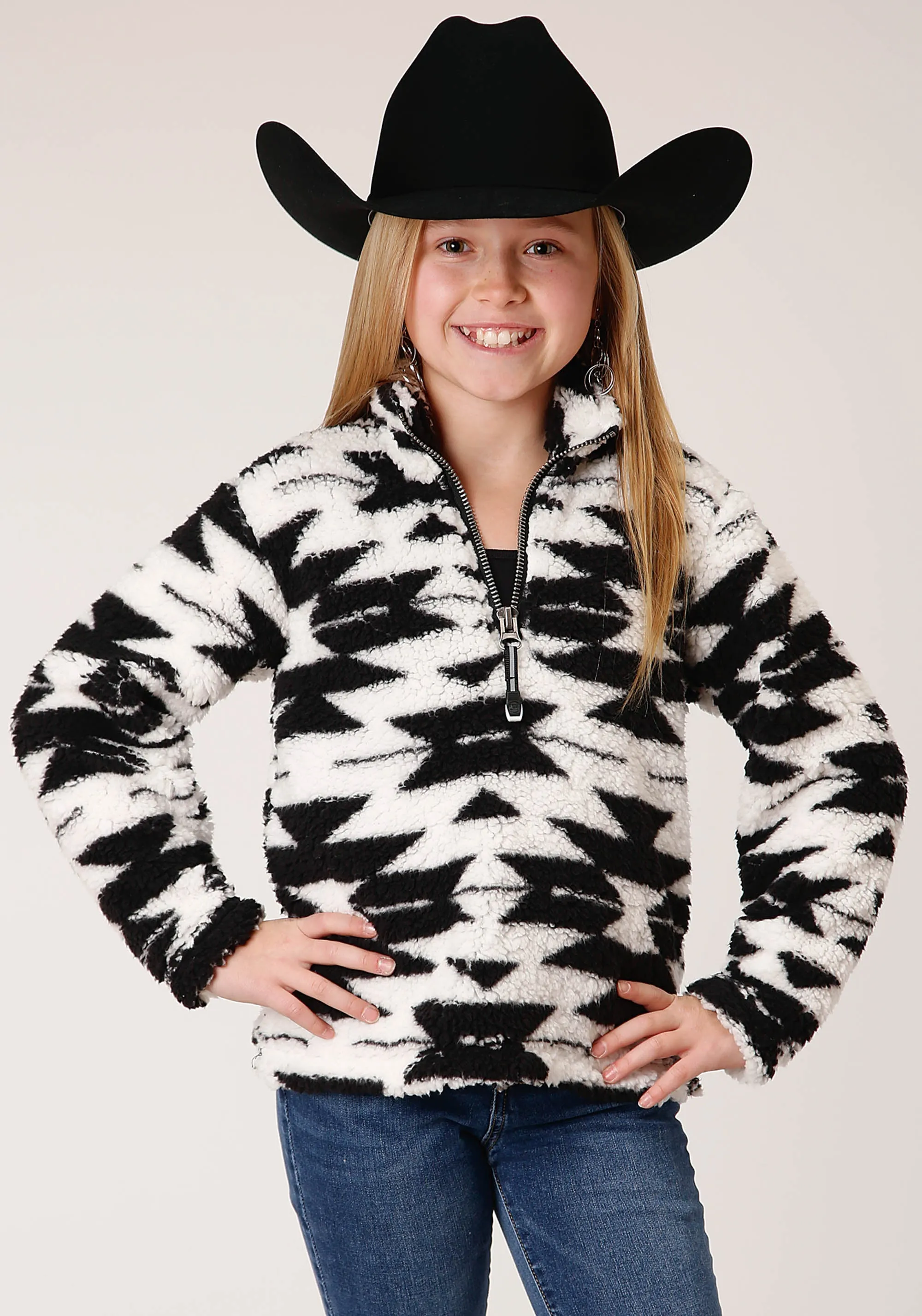 GIRLS WOMENS  POLAR FLEECE  BLACK WHITE AZTEC POLAR FLEECE PULLOVER