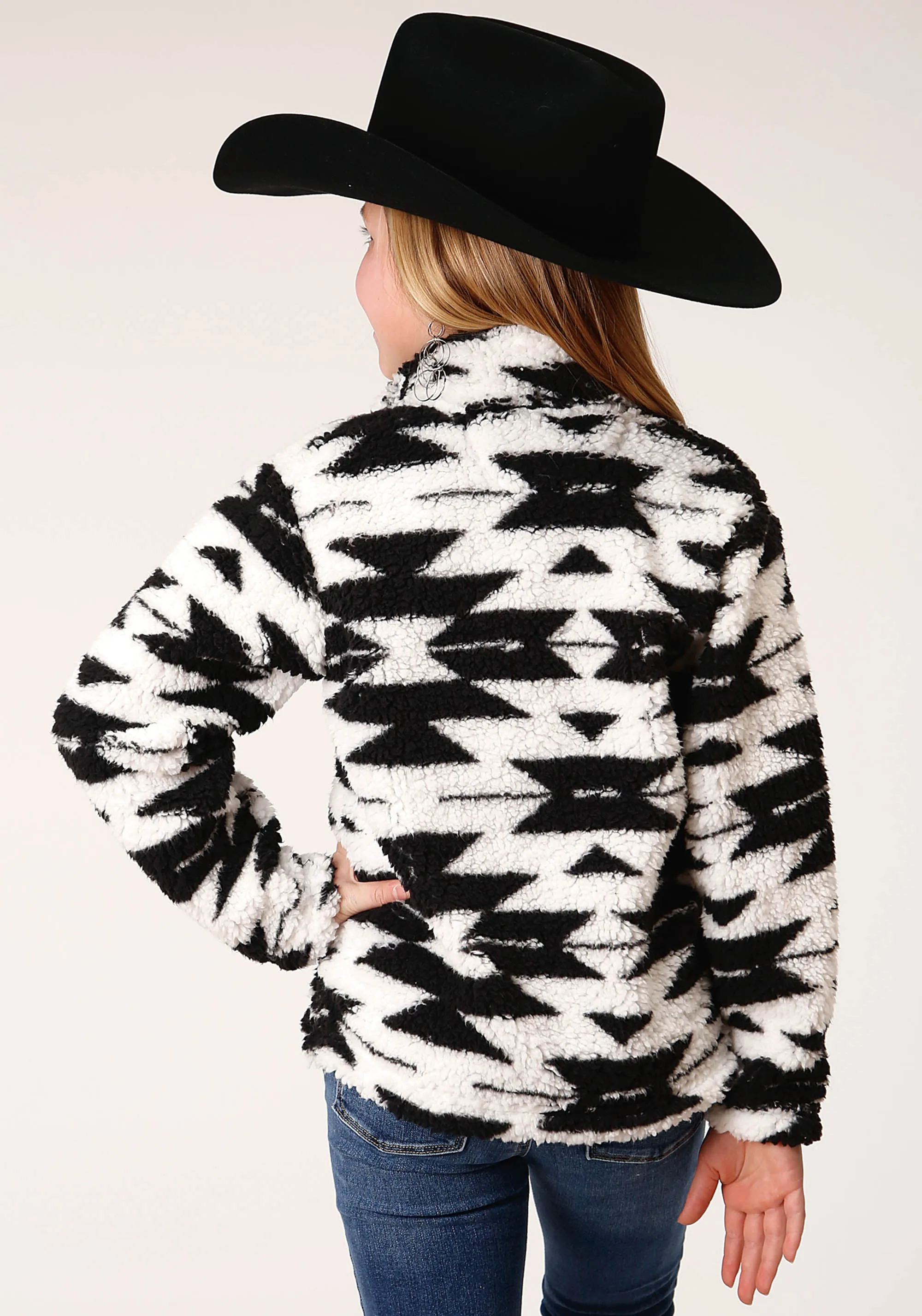 GIRLS WOMENS  POLAR FLEECE  BLACK WHITE AZTEC POLAR FLEECE PULLOVER