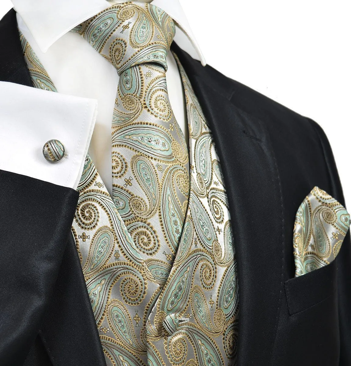 Gold and Turquoise Paisley Tuxedo Vest Set