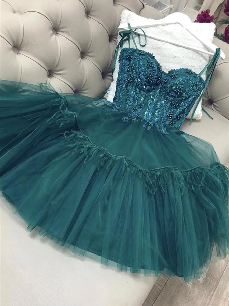 Gorgeous Beaded Short Green Lace Prom, Green Lace Homecoming Formal Graduation, Green Cocktail