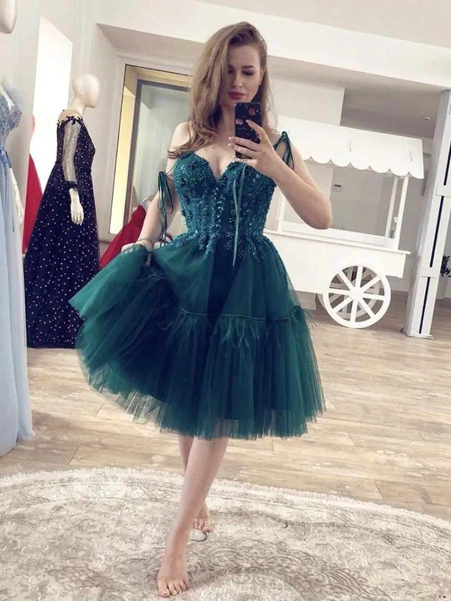 Gorgeous Beaded Short Green Lace Prom, Green Lace Homecoming Formal Graduation, Green Cocktail