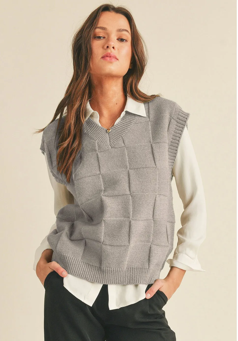 Gray Checkered Texture Knit Vest