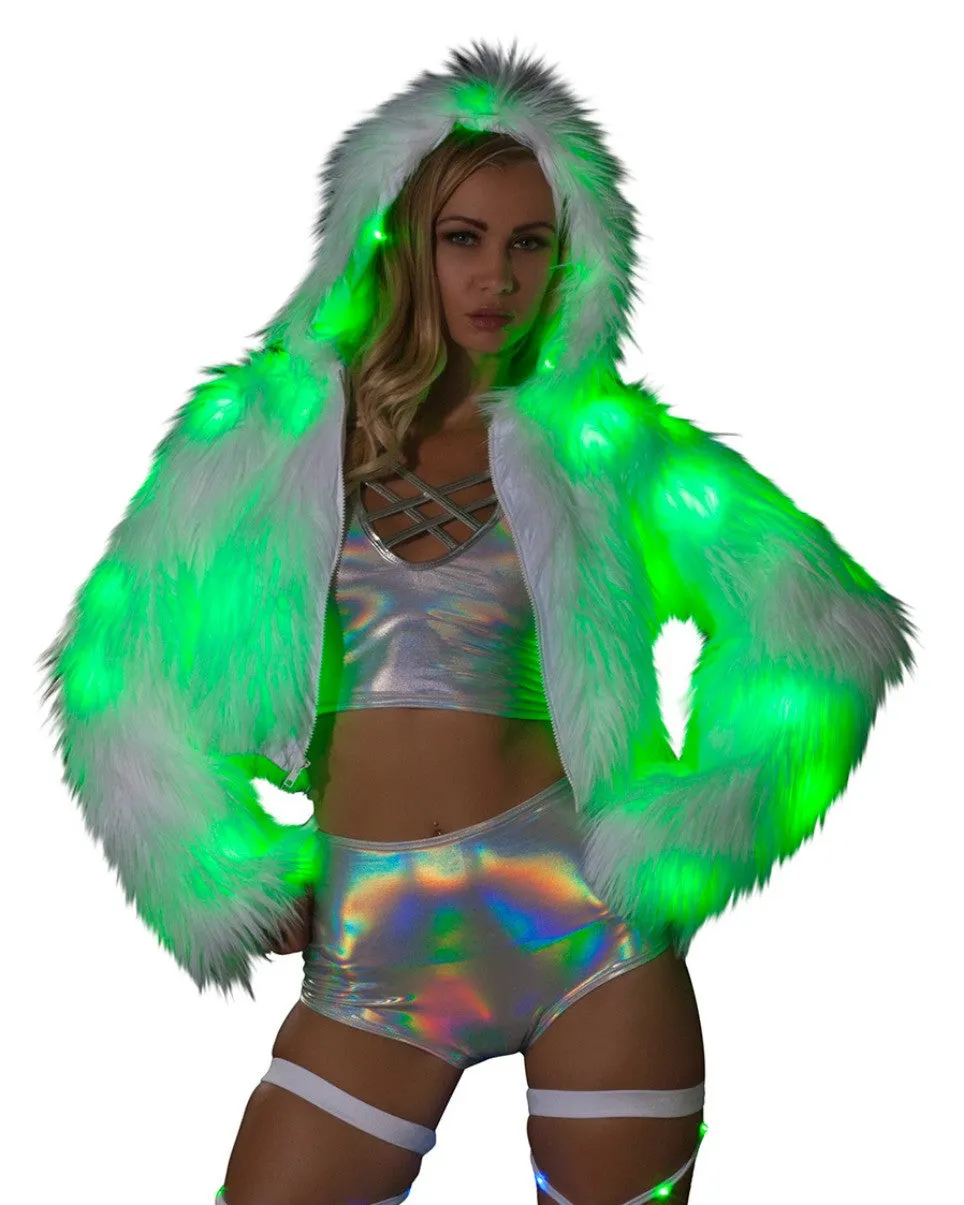 Green LED White Furry Cropped Hooded Jacket