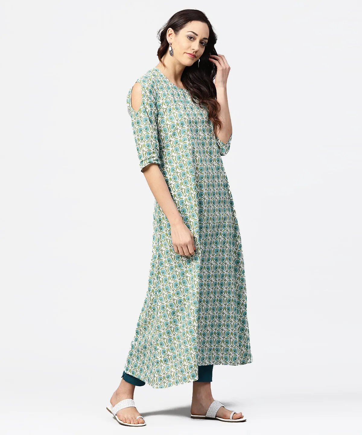 Green Printed 3/4Th Sleeve Cotton Maxi Dress