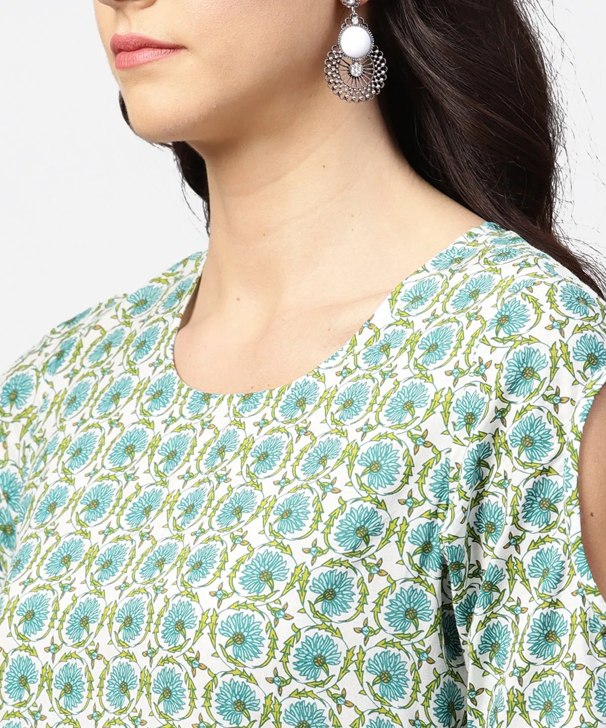 Green Printed 3/4Th Sleeve Cotton Maxi Dress