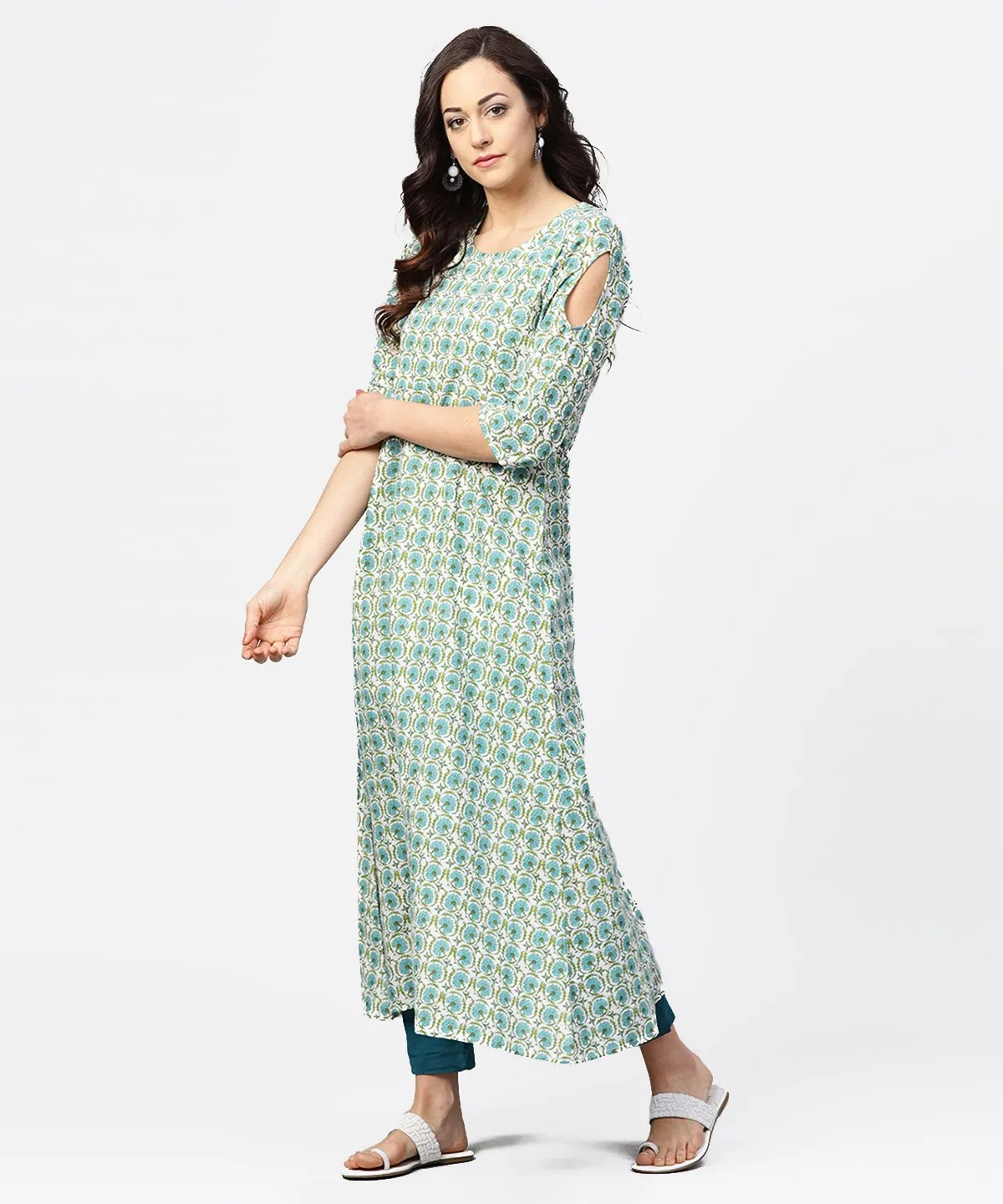 Green Printed 3/4Th Sleeve Cotton Maxi Dress