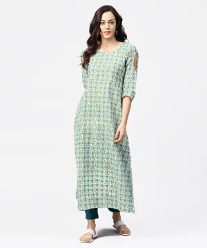 Green Printed 3/4Th Sleeve Cotton Maxi Dress