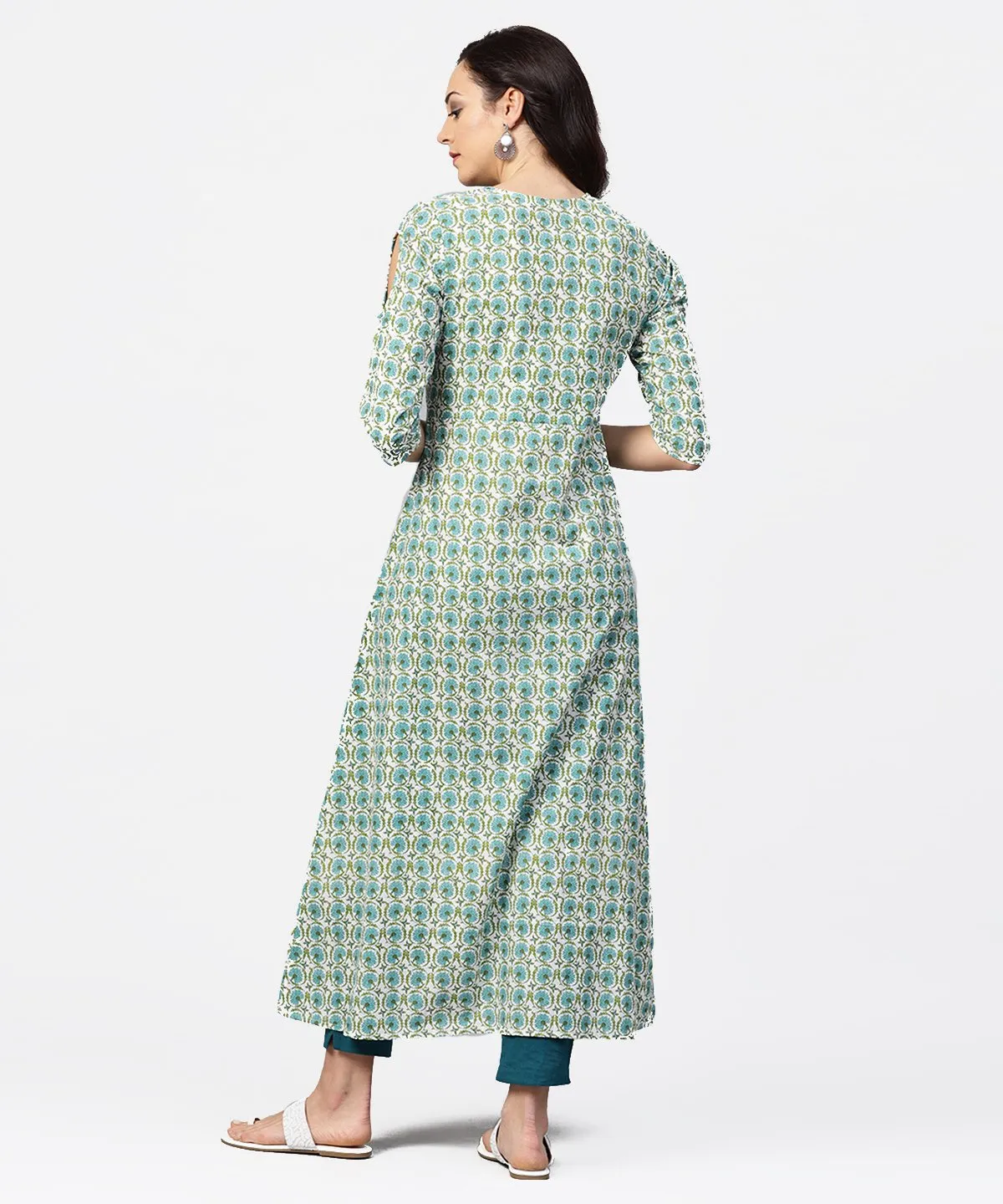 Green Printed 3/4Th Sleeve Cotton Maxi Dress