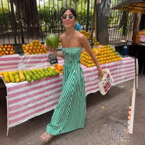 Green Striped Strapless Maxi Dress for Women