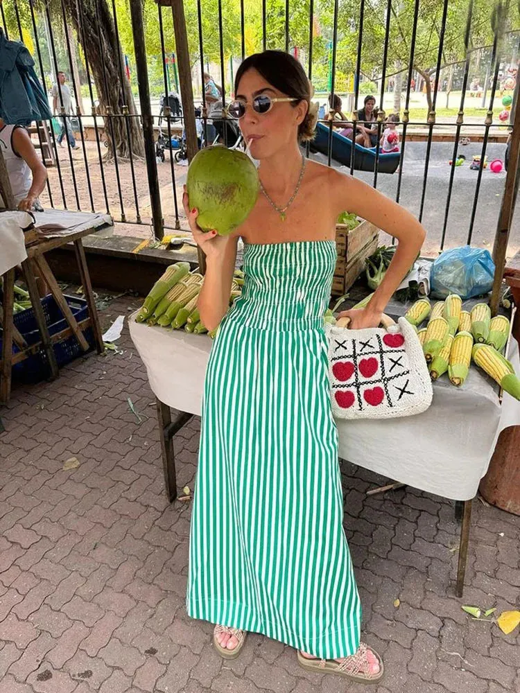 Green Striped Strapless Maxi Dress for Women