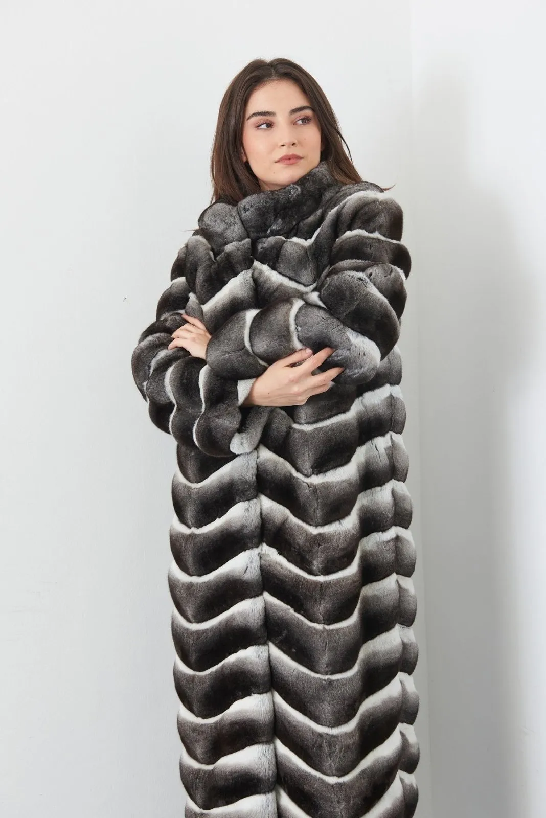 Grey Long Chinchilla Fur Coat