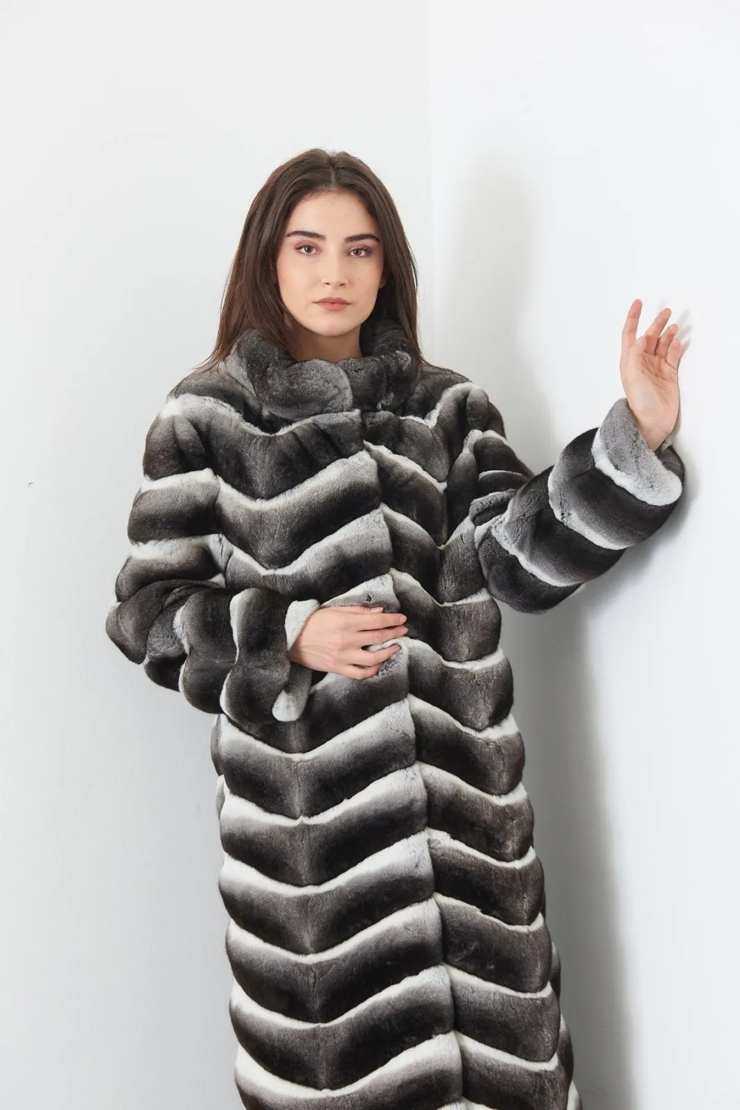 Grey Long Chinchilla Fur Coat