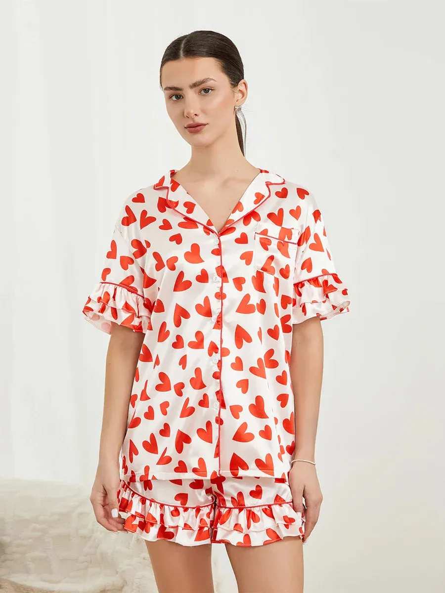 Heart Print Short Sleeve Notched Lapel Elastic Waist Ruffled Satin Pajamas