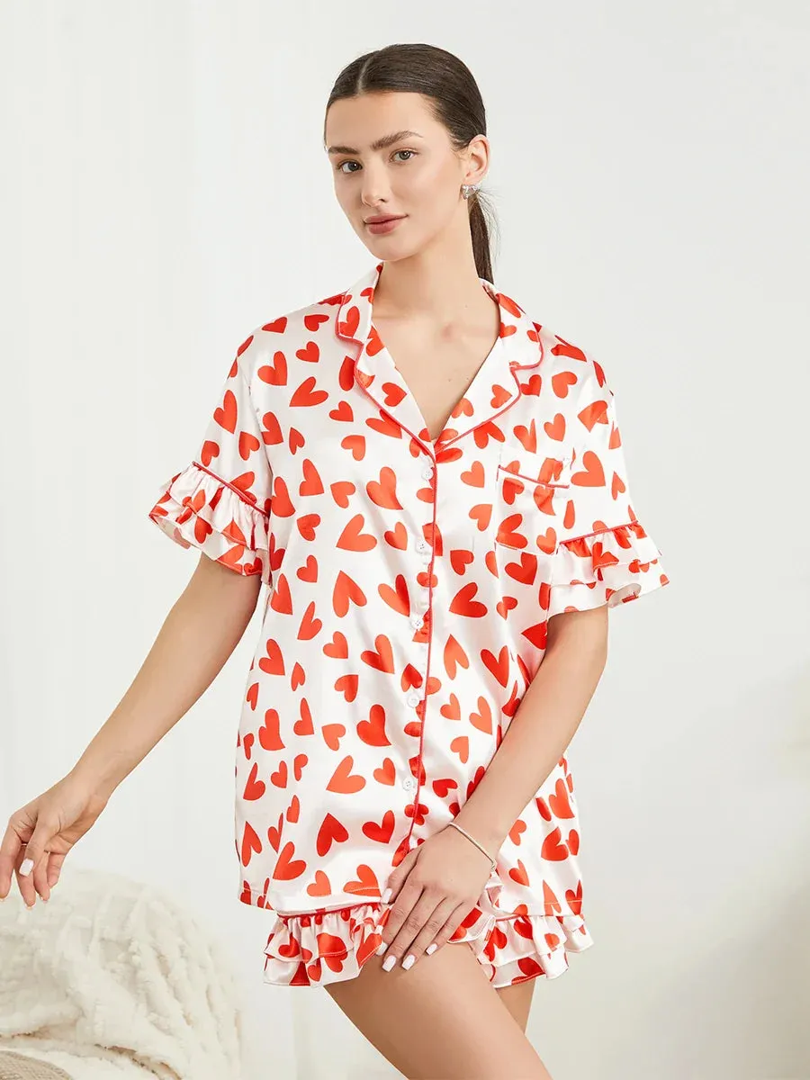 Heart Print Short Sleeve Notched Lapel Elastic Waist Ruffled Satin Pajamas