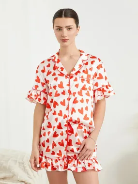 Heart Print Short Sleeve Notched Lapel Elastic Waist Ruffled Satin Pajamas