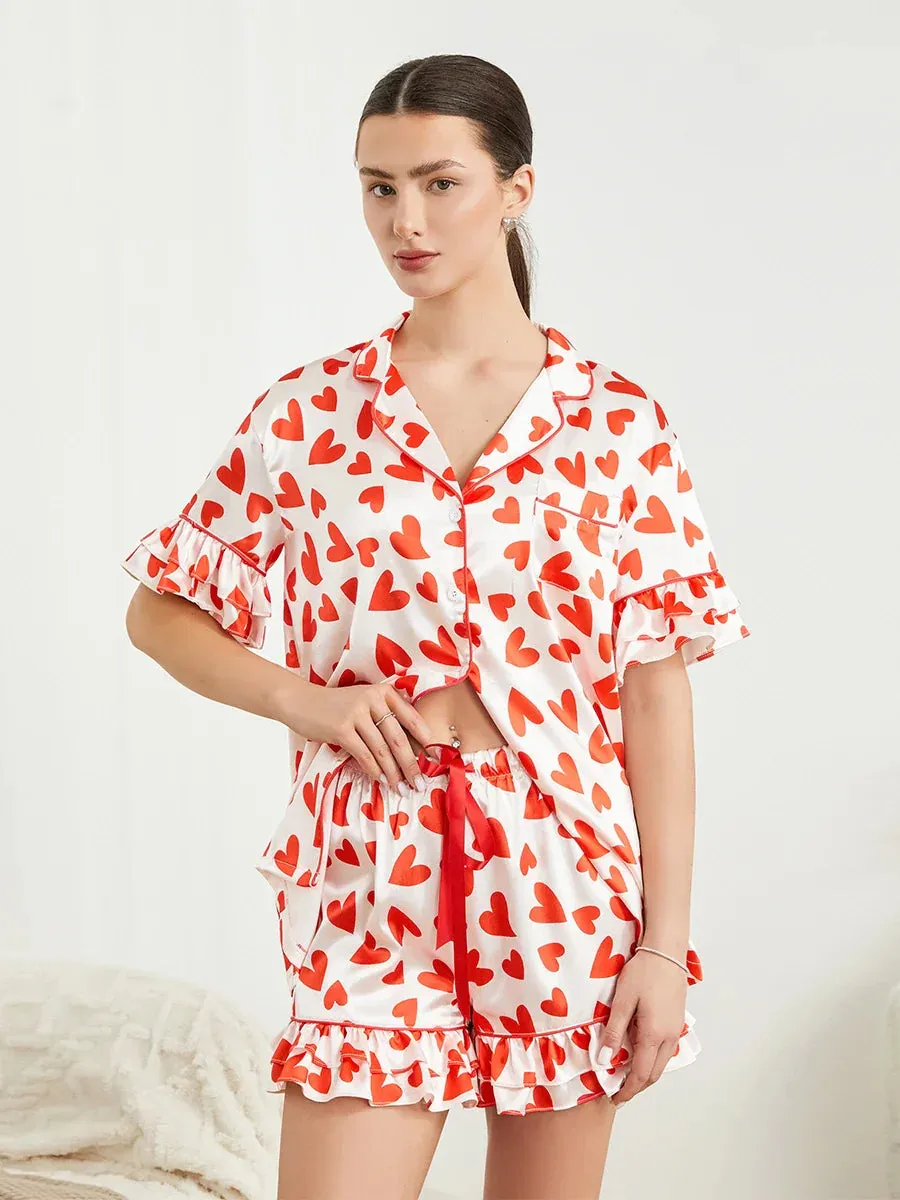 Heart Print Short Sleeve Notched Lapel Elastic Waist Ruffled Satin Pajamas