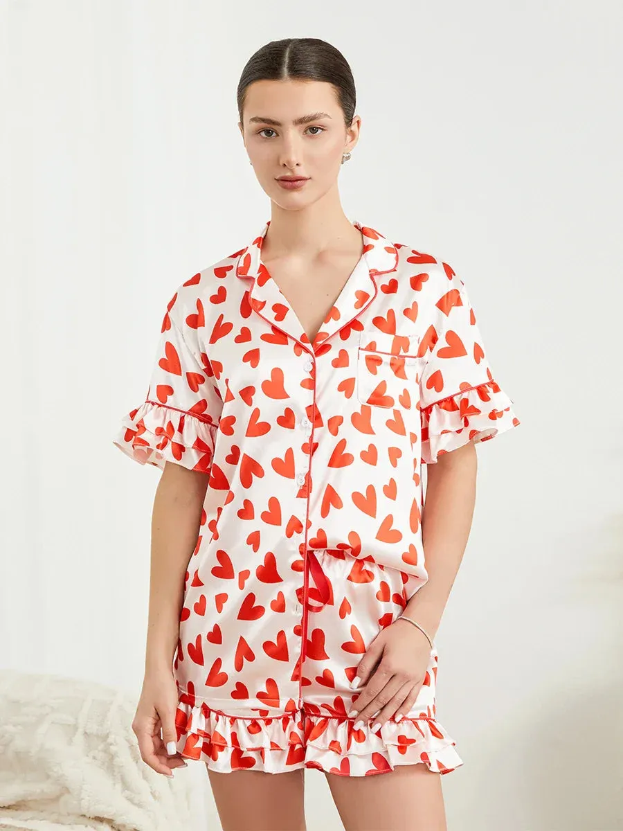 Heart Print Short Sleeve Notched Lapel Elastic Waist Ruffled Satin Pajamas