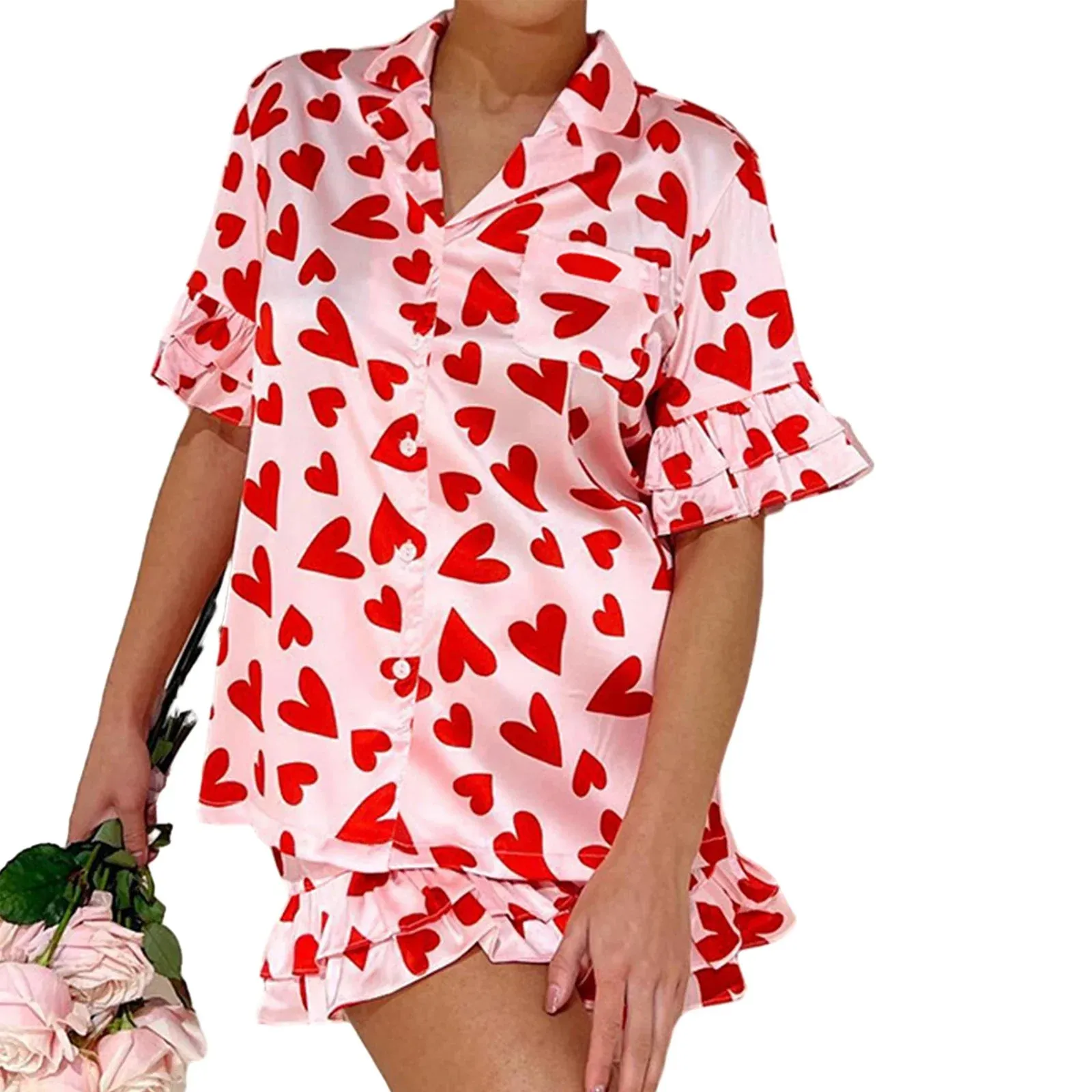 Heart Print Short Sleeve Notched Lapel Elastic Waist Ruffled Satin Pajamas