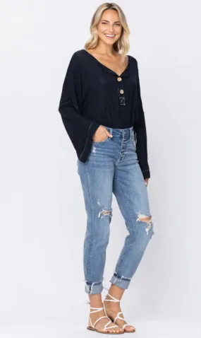 Hi-rise button fly destroyed boyfriend jeans