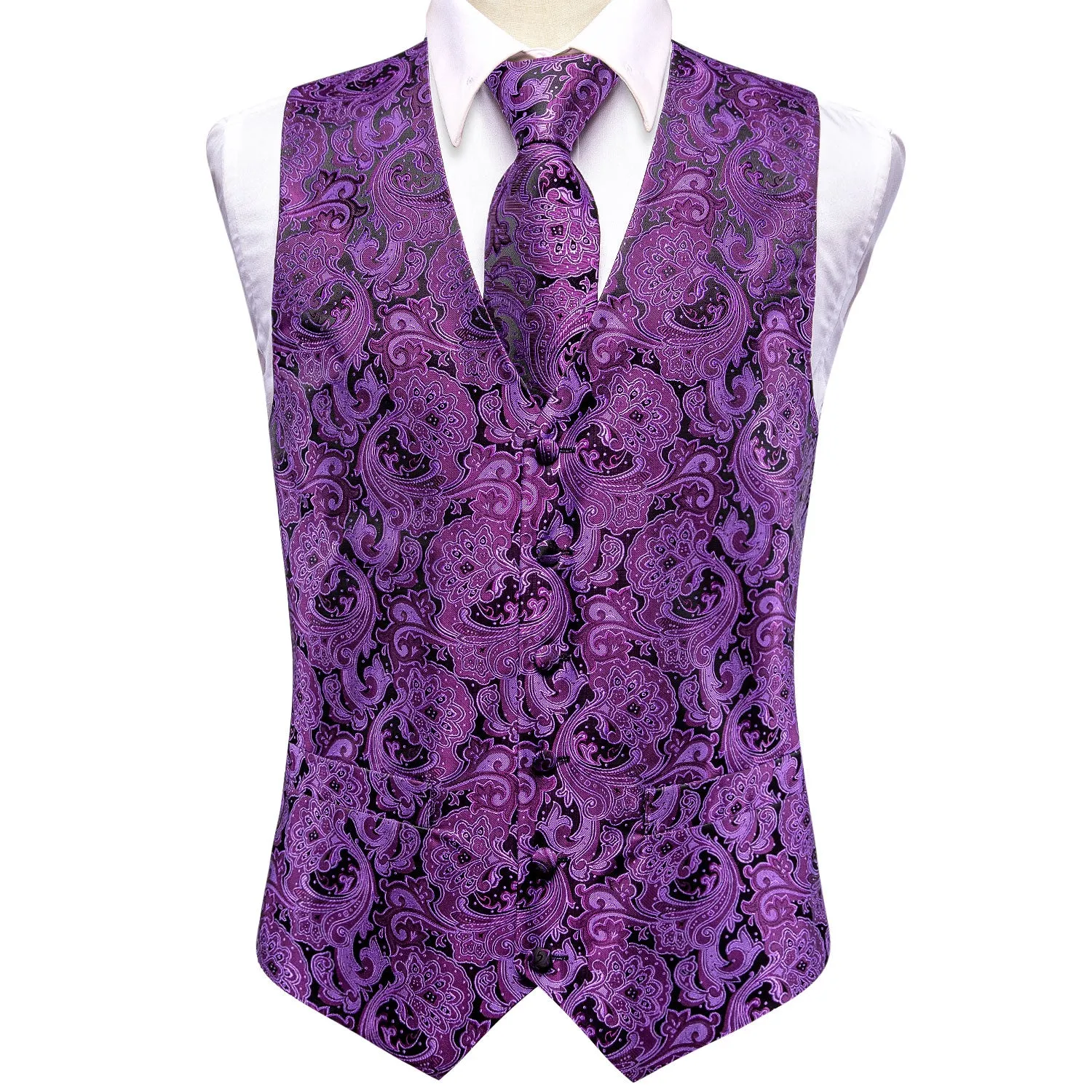 Hi-Tie Black Purple Paisley Silk Men Vest Hanky Cufflinks Tie Suit Set