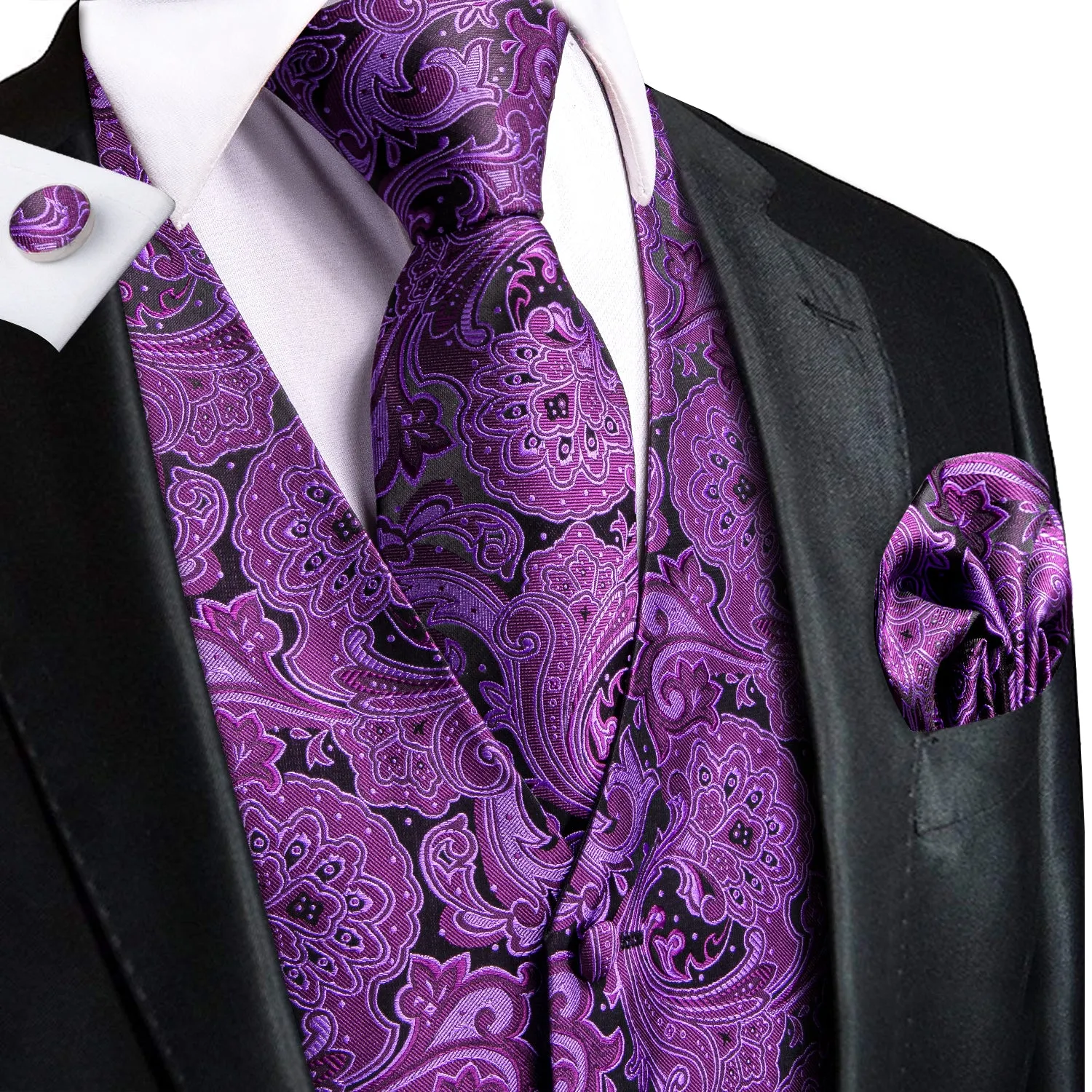 Hi-Tie Black Purple Paisley Silk Men Vest Hanky Cufflinks Tie Suit Set