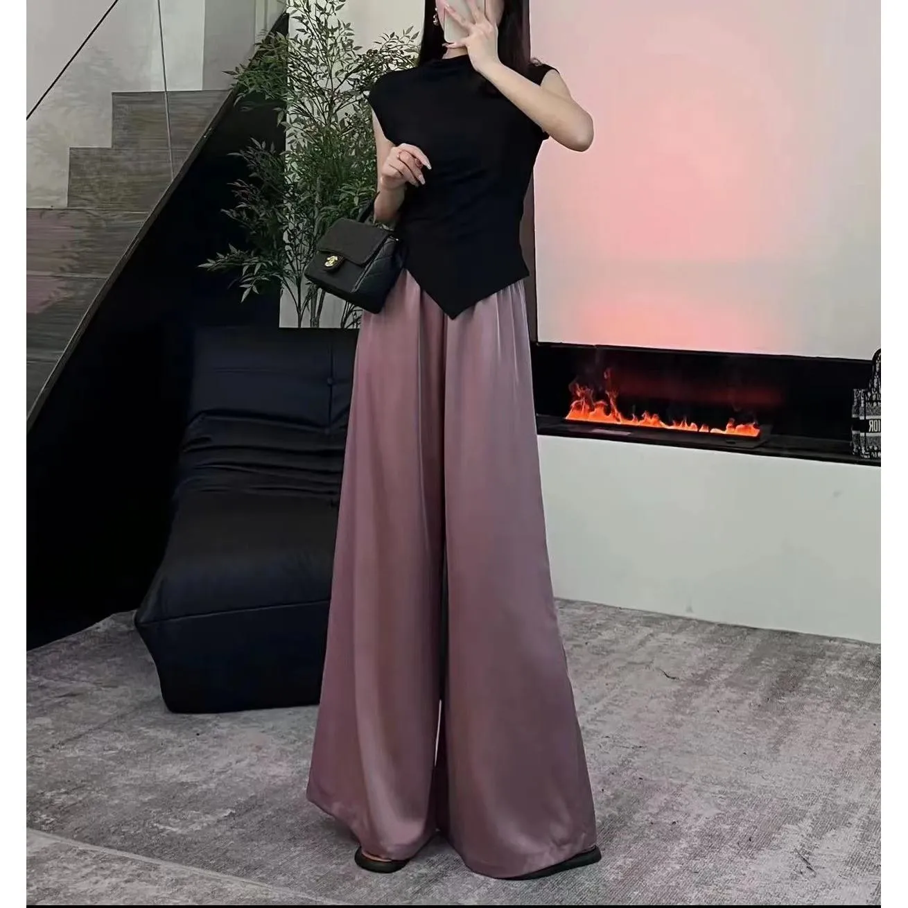 High-Waisted Draping Loose Fit Floor-Length Solid Casual Flare Leg Pants