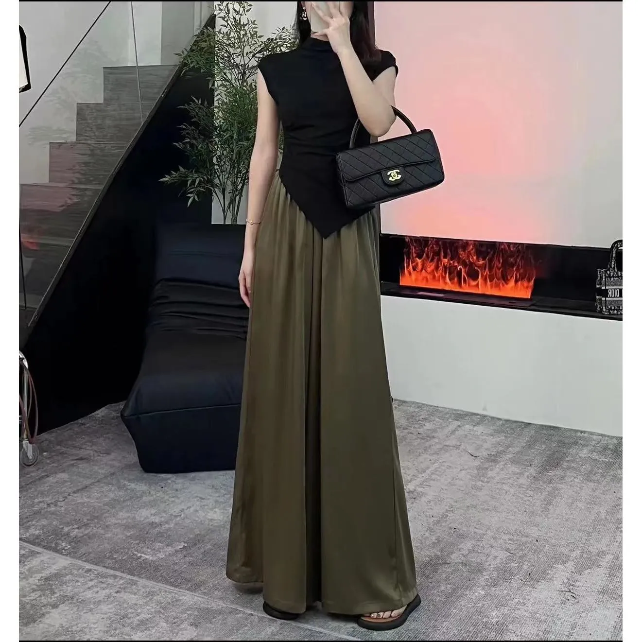 High-Waisted Draping Loose Fit Floor-Length Solid Casual Flare Leg Pants