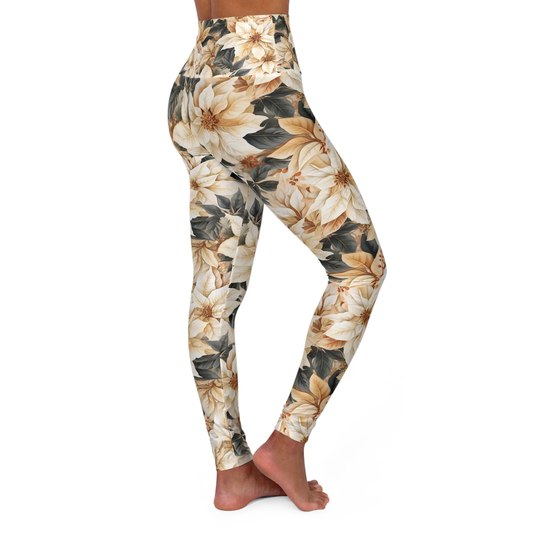 High Waisted Yoga Leggings Cream Poinsettia