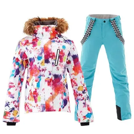 HOTIAN Women's Warm with Fur Collar Ski Jacket and Pants Set