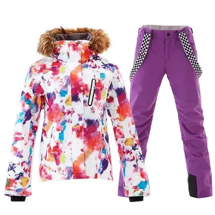 HOTIAN Women's Warm with Fur Collar Ski Jacket and Pants Set