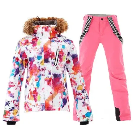 HOTIAN Women's Warm with Fur Collar Ski Jacket and Pants Set