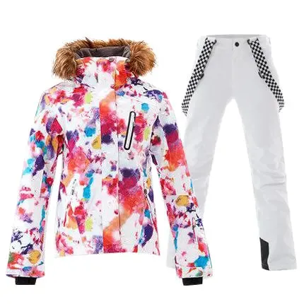 HOTIAN Women's Warm with Fur Collar Ski Jacket and Pants Set