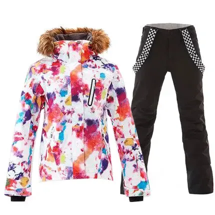 HOTIAN Women's Warm with Fur Collar Ski Jacket and Pants Set