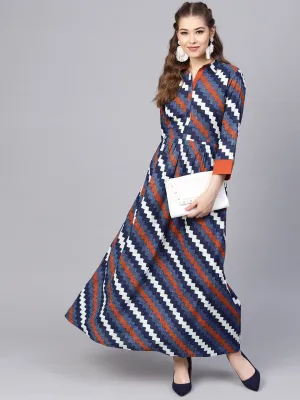 Indigo Blue Geometric Maxi Dress with Shirt Collar & 3/4 sleeves