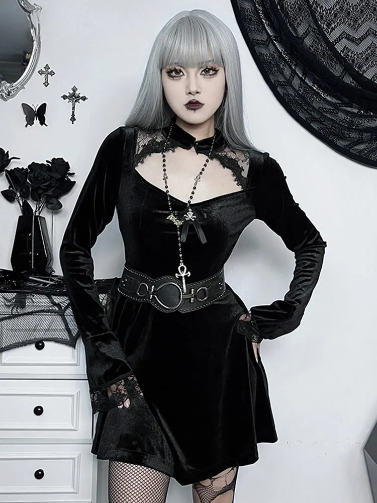 InsGoth Goth Women's Solid Long Sleeve High Waist A Line Flowy Velvet Hollow Out Lace Emo Gothic Dress