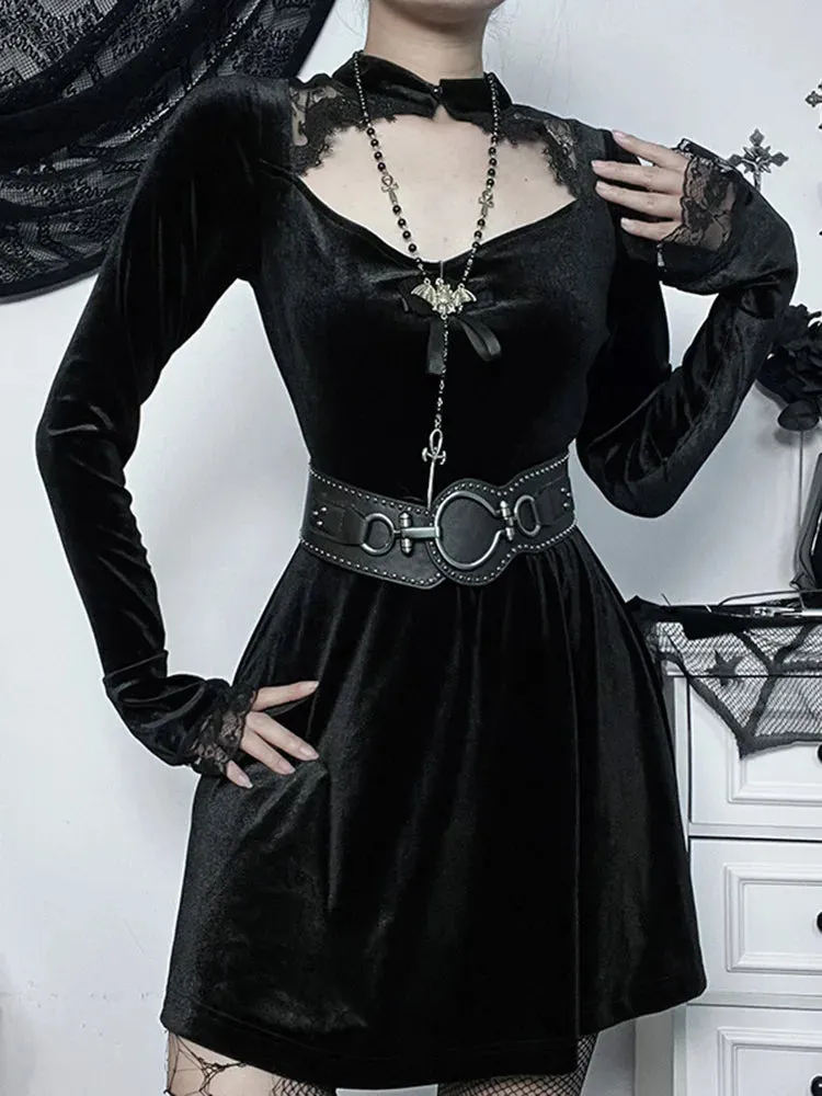 InsGoth Goth Women's Solid Long Sleeve High Waist A Line Flowy Velvet Hollow Out Lace Emo Gothic Dress