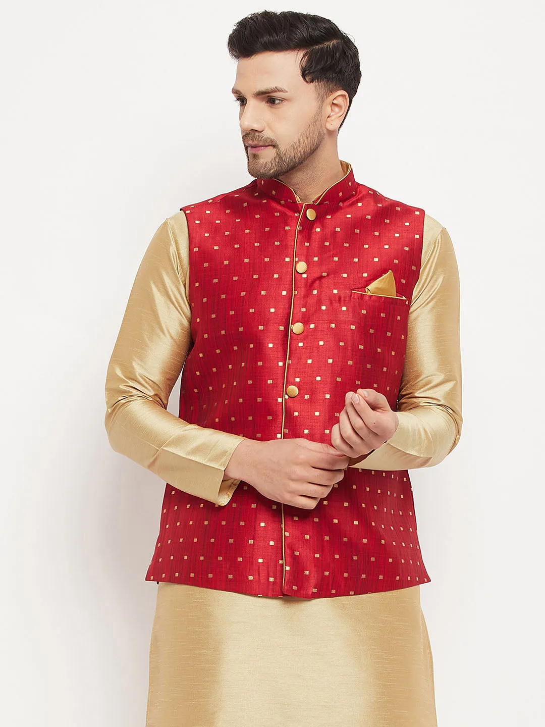 Jashvi Men's Maroon Zari Weaved Jacket