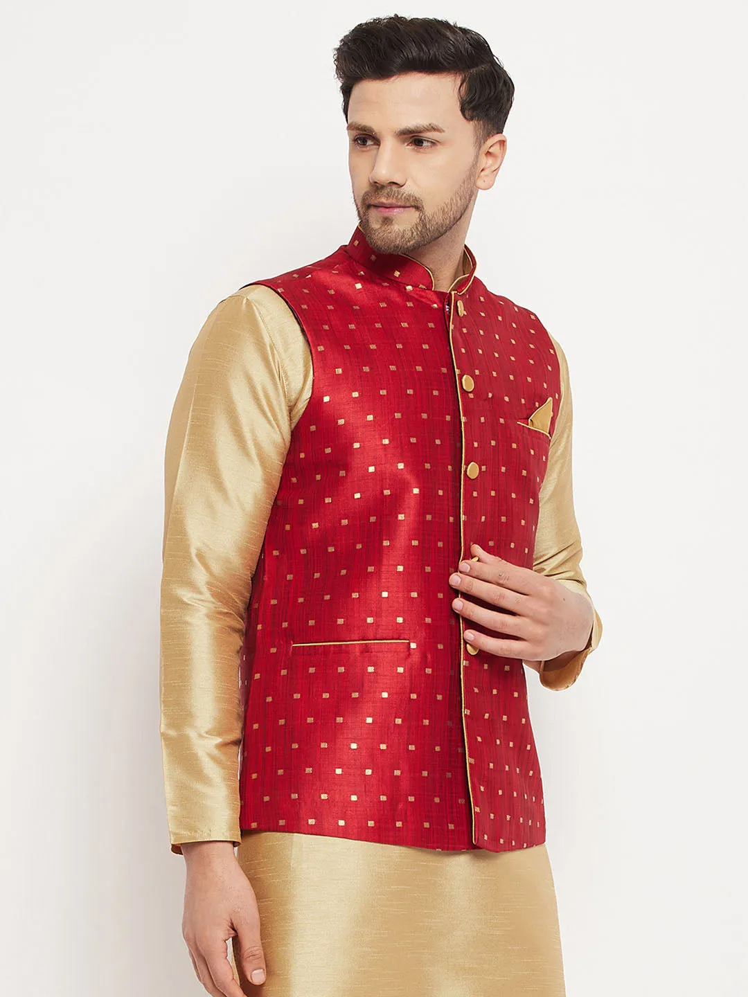 Jashvi Men's Maroon Zari Weaved Jacket