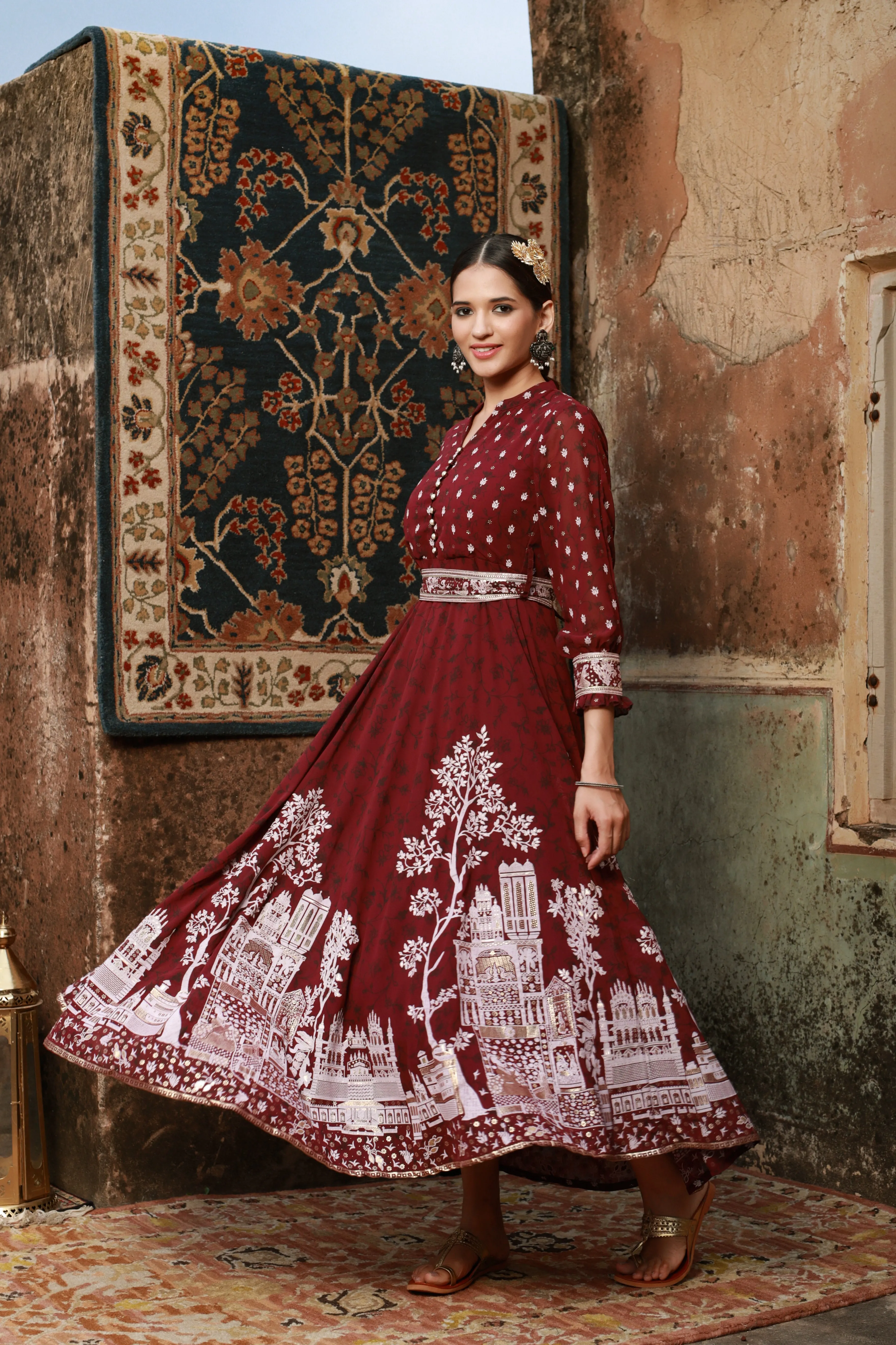 Jashvi Wine Ethnic Motif Printed Georgette Flared Maxi Dress.