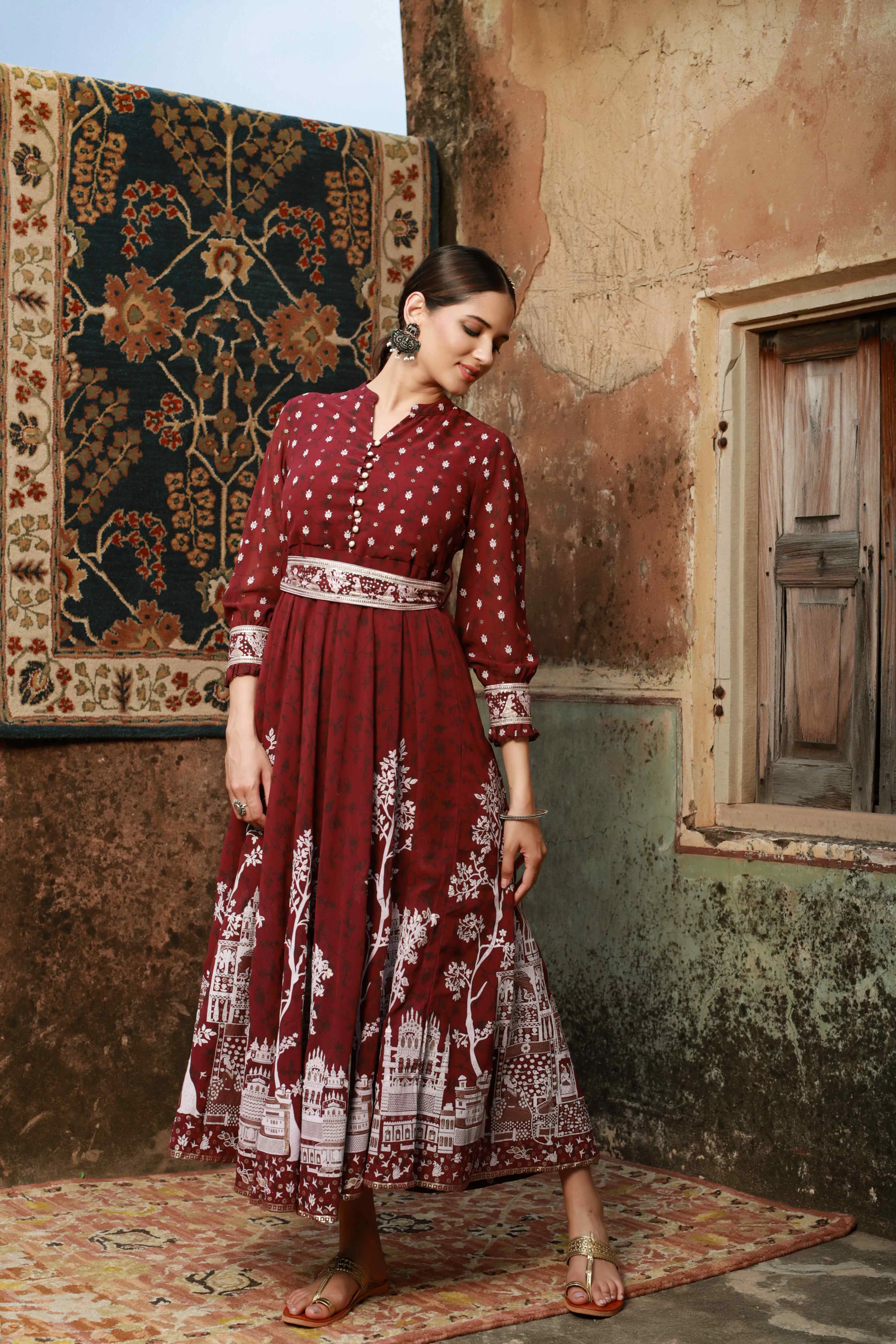 Jashvi Wine Ethnic Motif Printed Georgette Flared Maxi Dress.