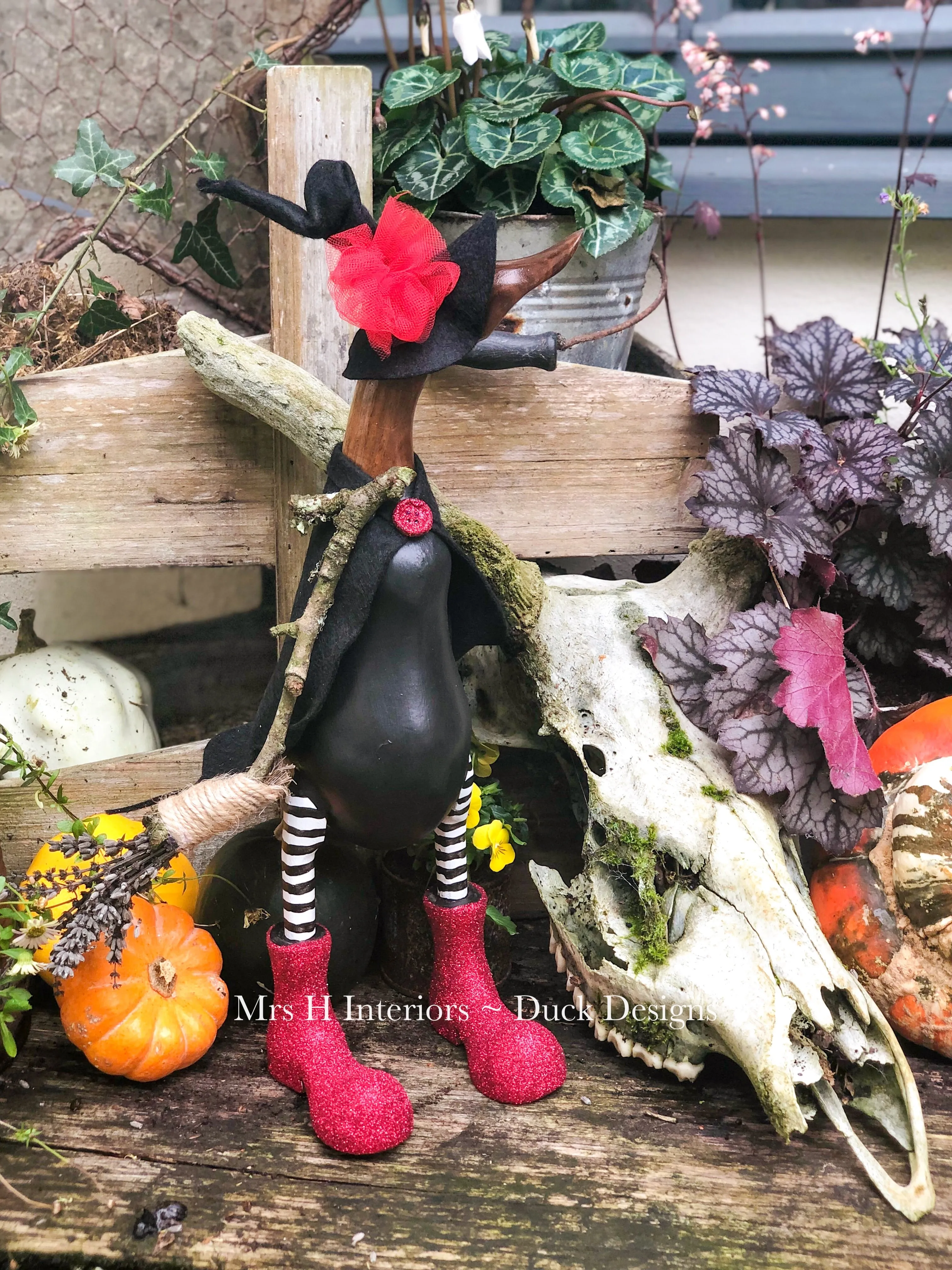 Jean The Witch Duck - Decorated Wooden Duck in Boots by Mrs H the Duck Lady