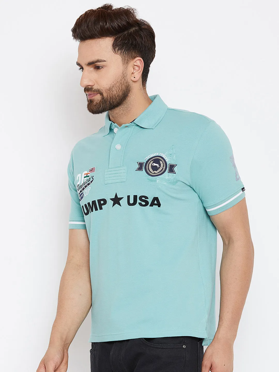 JUMP USA Men Blue Printed Polo Collar T-Shirt