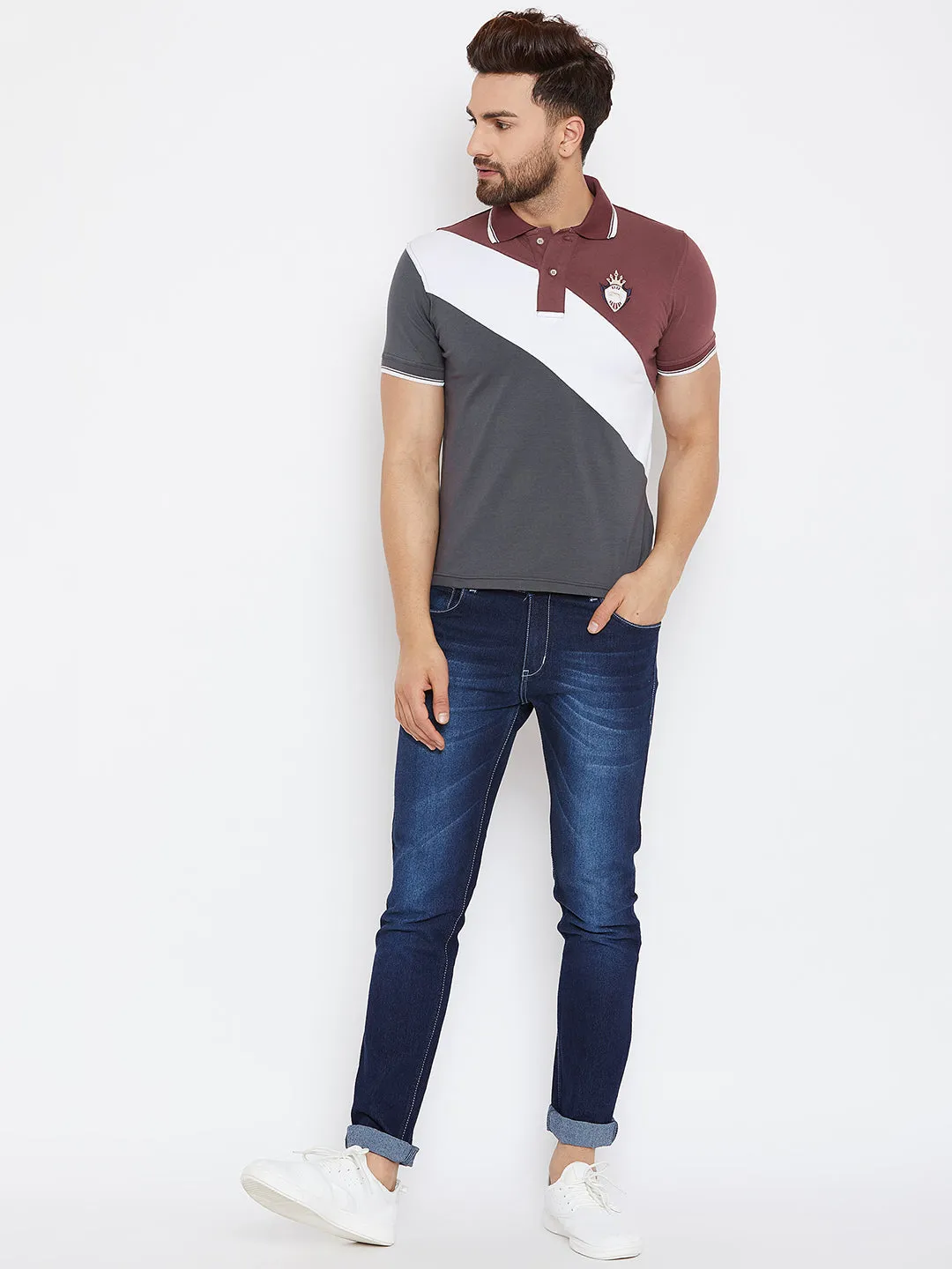 JUMP USA Men Grey & Maroon Colourblocked Polo Collar T-Shirt