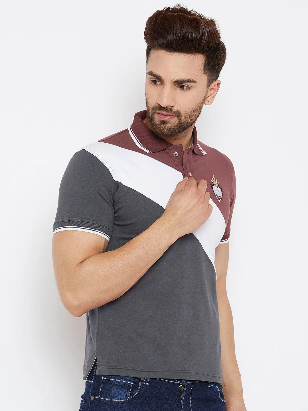 JUMP USA Men Grey & Maroon Colourblocked Polo Collar T-Shirt