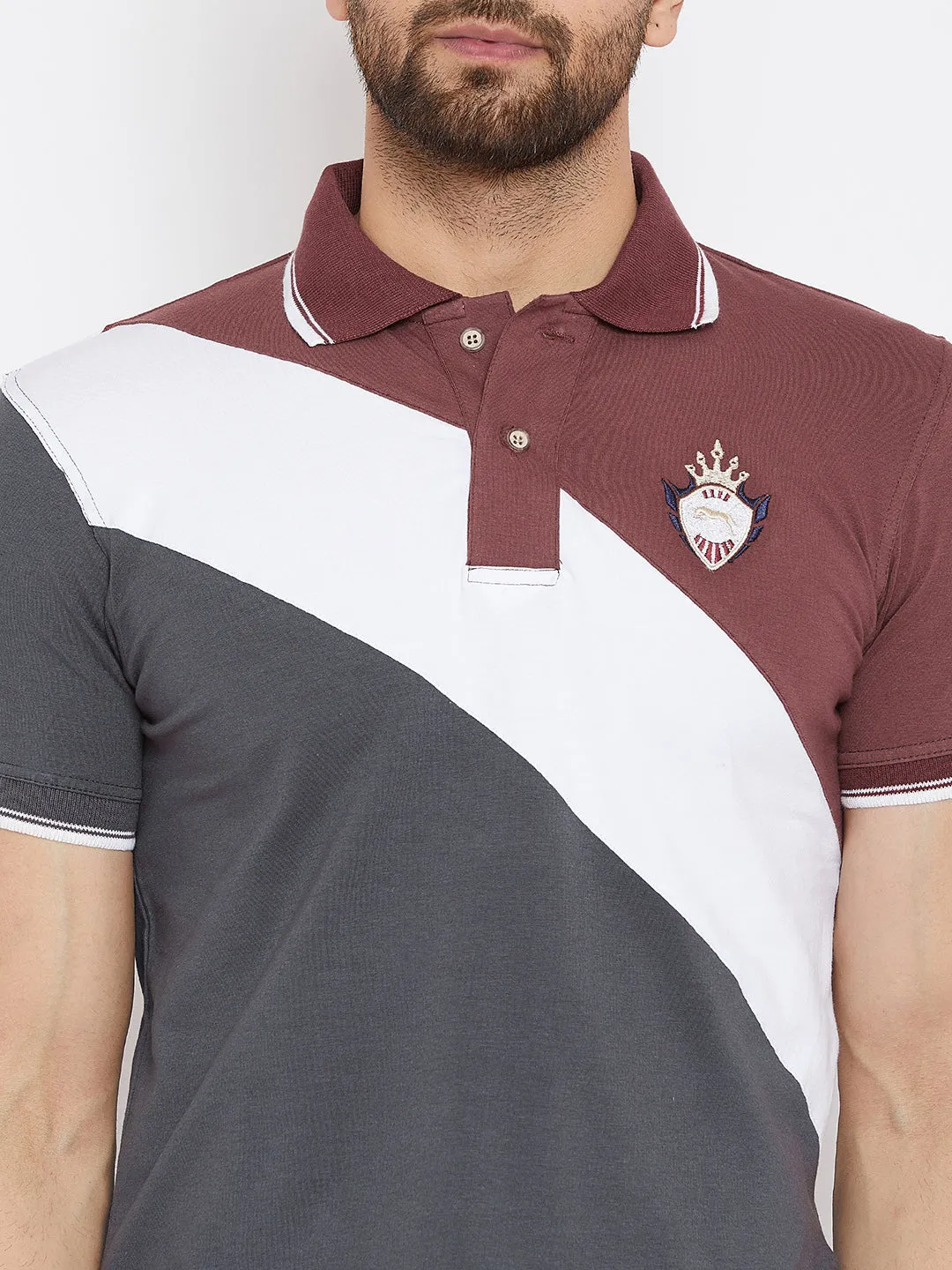 JUMP USA Men Grey & Maroon Colourblocked Polo Collar T-Shirt