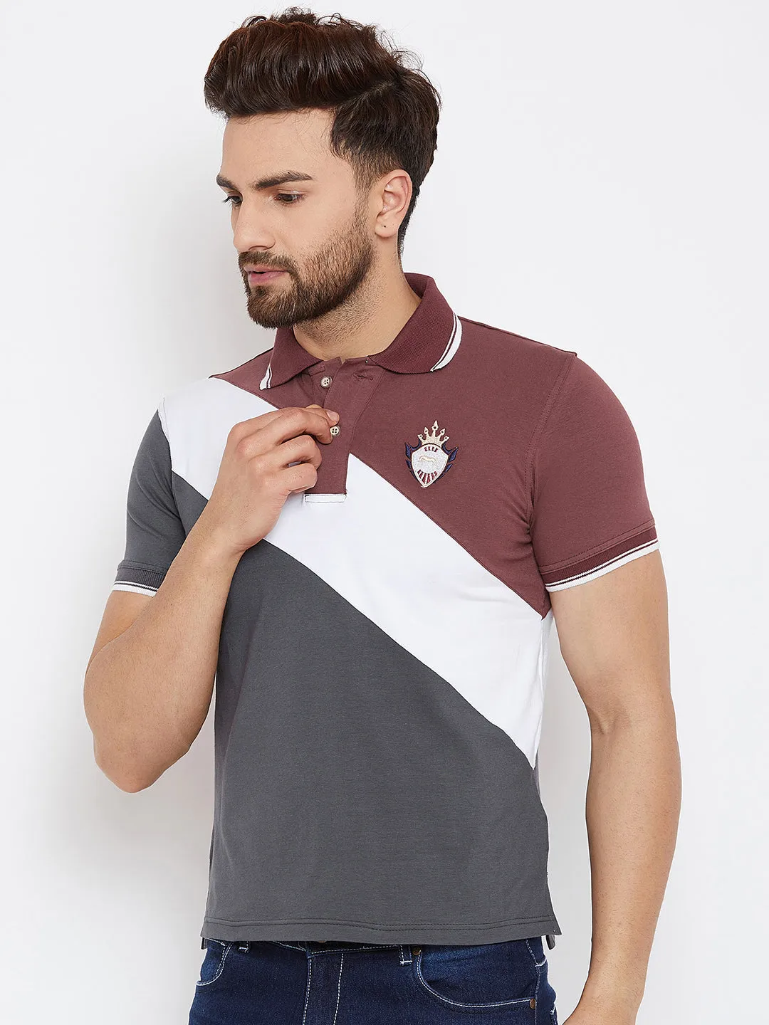 JUMP USA Men Grey & Maroon Colourblocked Polo Collar T-Shirt